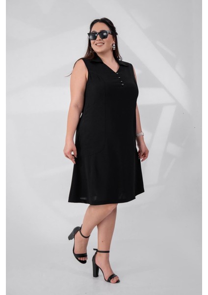 Kadın Büyük Beden 1111031 Önü Düğmeli Kolsuz Elbise Siyah modelleri