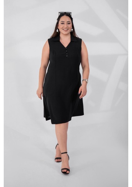 Kadın Büyük Beden 1111031 Önü Düğmeli Kolsuz Elbise Siyah indirimleri
