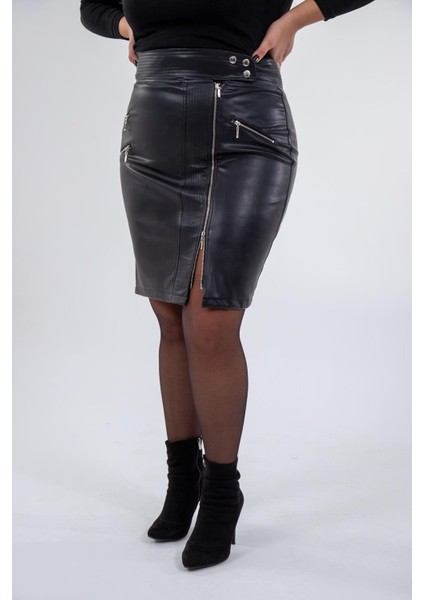 Kadın Büyük Beden Cepli Detaylı Fermuarlı Suni Deri Siyah Etek modelleri