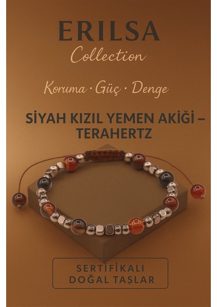 Sertifikalı Terahertz Siyah Kızıl Yemen Akiği Doğal Taş Bileklik Koruma ve Denge Enerjisi