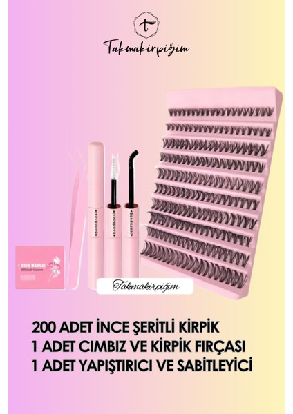 Takma Kirpik Seti Yapıştırıcı, Sabitleyici, Cımbız ve Kirpik Fırçasıyla 200 Adet Kirpik Tutamı