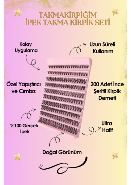 Takma Kirpik Seti Yapıştırıcı, Sabitleyici, Cımbız ve Kirpik Fırçasıyla 200 Adet Kirpik Tutamı fiyatları