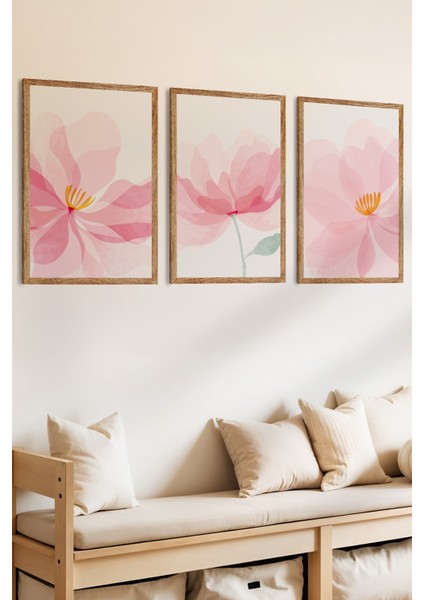 3 Parça Pembe Çiçek Temalı Ahşap Çerçeve Görünümlü Mdf Tablo Seti fiyatları