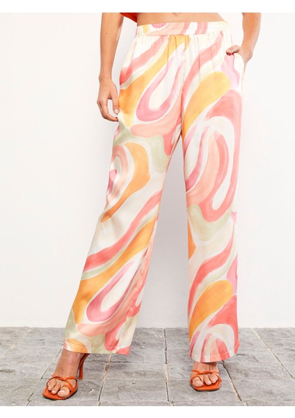 Yeni Sezon Beli Lastikli Desenli Saten Kadın Pantolon modelleri