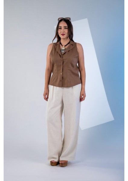 Kadın Büyük Beden Keten Kolsuz Gömlek Kahverengi Beyaz
