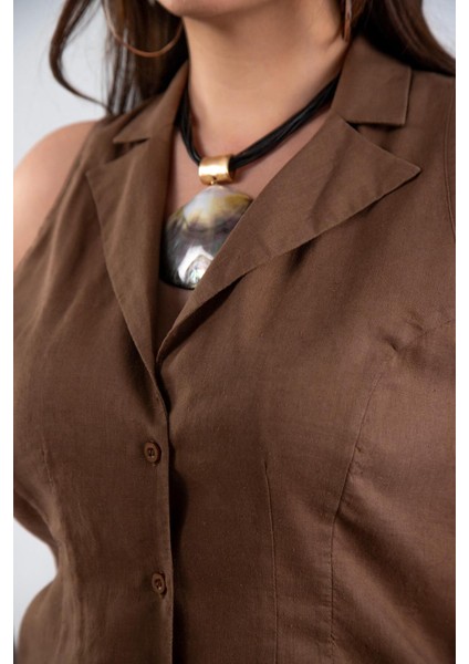 Kadın Büyük Beden Keten Kolsuz Gömlek Kahverengi Beyaz fiyatları