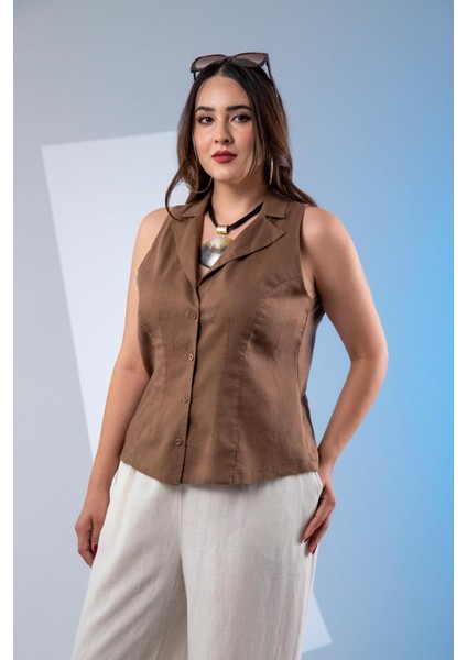 Kadın Büyük Beden Keten Kolsuz Gömlek Kahverengi Beyaz modelleri