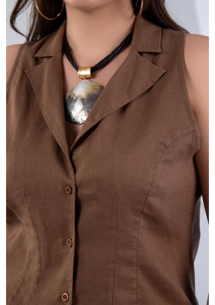 Kadın Büyük Beden Keten Kolsuz Gömlek Kahverengi Beyaz indirimleri