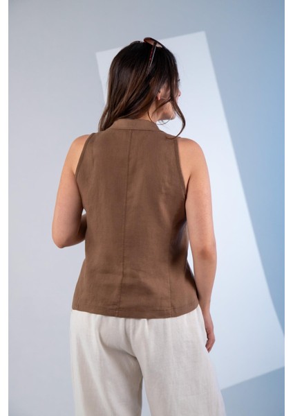 Kadın Büyük Beden Keten Kolsuz Gömlek Kahverengi Beyaz