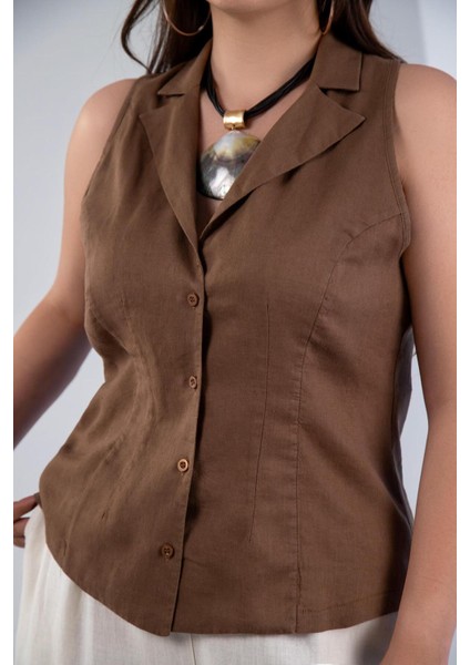 Kadın Büyük Beden Keten Kolsuz Gömlek Kahverengi Beyaz