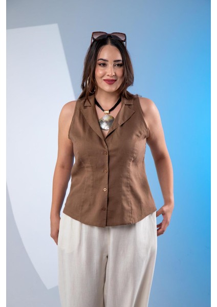 Kadın Büyük Beden Keten Kolsuz Gömlek Kahverengi Beyaz