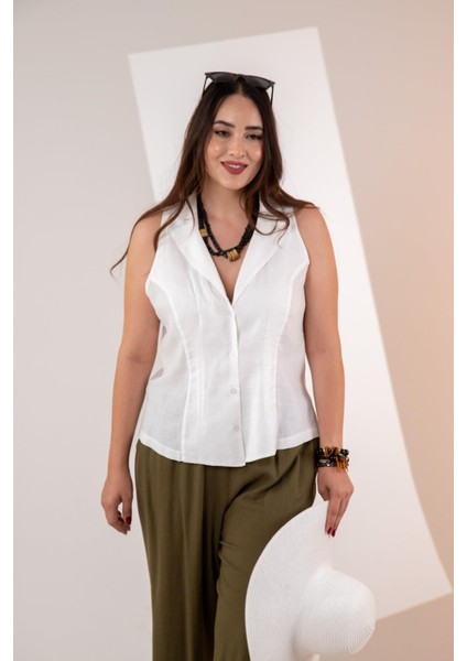 Kadın Büyük Beden Keten Kolsuz Gömlek Beyaz