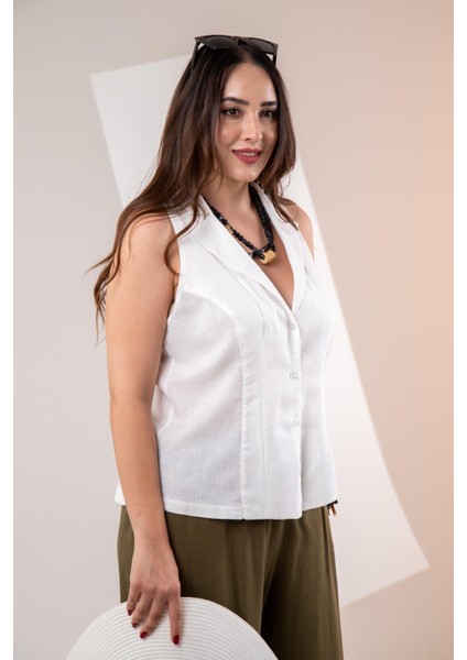 Kadın Büyük Beden Keten Kolsuz Gömlek Beyaz fırsatları