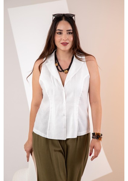 Kadın Büyük Beden Keten Kolsuz Gömlek Beyaz