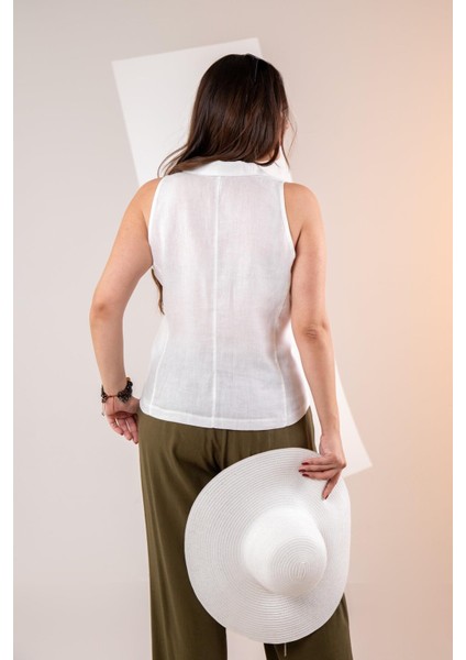 Kadın Büyük Beden Keten Kolsuz Gömlek Beyaz