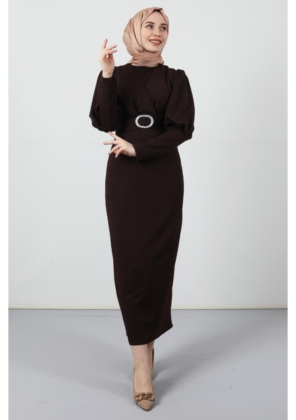 Yakası Çapraz Elbise Acı Kahve