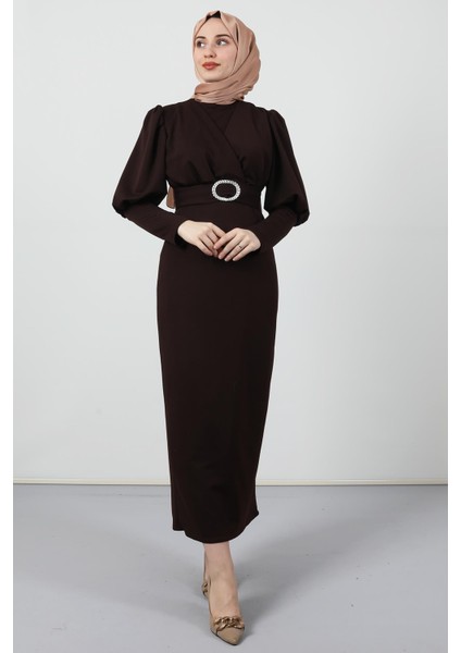 Yakası Çapraz Elbise Acı Kahve modelleri