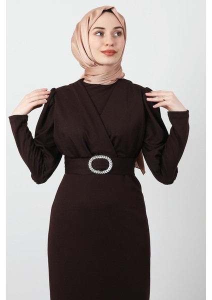 Yakası Çapraz Elbise Acı Kahve indirimleri