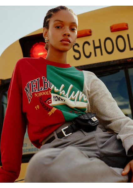 Yeni Sezon Bisiklet Yaka Renk Bloklu Uzun Kollu Kadın Sweatshirt