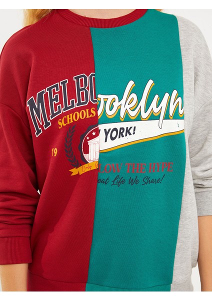 Yeni Sezon Bisiklet Yaka Renk Bloklu Uzun Kollu Kadın Sweatshirt indirimleri