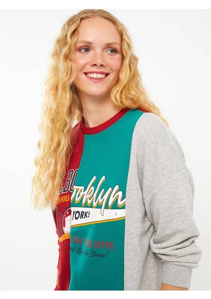 Yeni Sezon Bisiklet Yaka Renk Bloklu Uzun Kollu Kadın Sweatshirt fırsatları