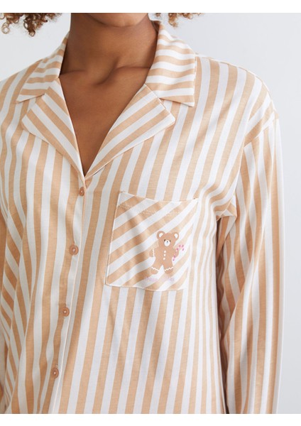 Yeni Sezon Gömlek Yaka Çizgili Kadın Pijama Takımı modelleri