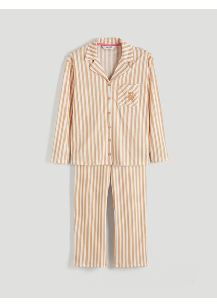 Yeni Sezon Gömlek Yaka Çizgili Kadın Pijama Takımı indirimleri
