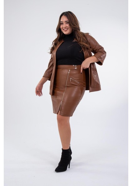 Kadın Büyük Beden Cepli Detaylı Fermuarlı Suni Deri Taba Etek modelleri