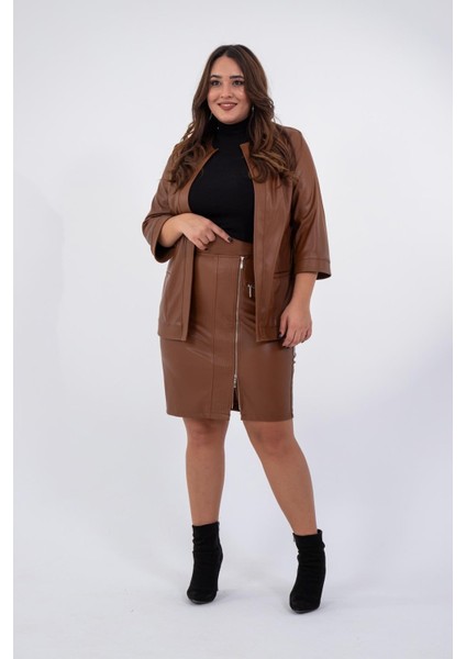 Kadın Büyük Beden Cepli Detaylı Fermuarlı Suni Deri Taba Etek indirimleri