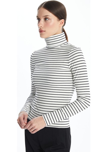 Yeni Sezon Dik Yaka Çizgili Uzun Kollu Kadın Body