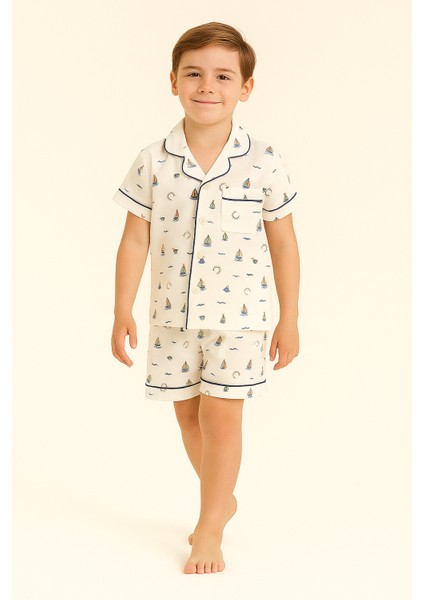 Çocuk Seageo Yelken Desenli Düğmeli Şortlu Pijama Takımı Ekru fırsatları