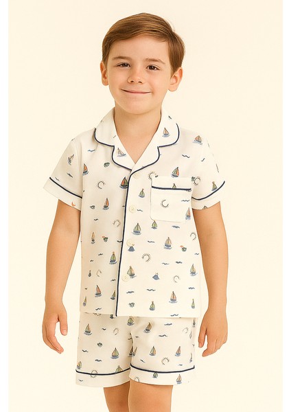 Çocuk Seageo Yelken Desenli Düğmeli Şortlu Pijama Takımı Ekru indirimleri