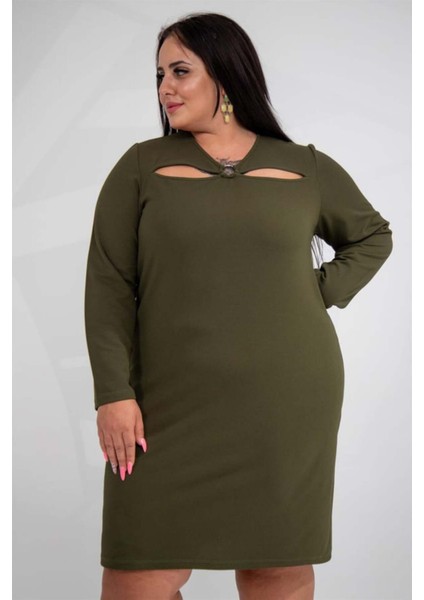 Kadın Büyük Beden Yaka Detaylı Haki Elbise fiyatları