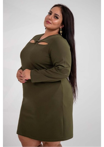 Kadın Büyük Beden Yaka Detaylı Haki Elbise modelleri