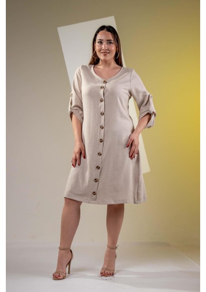 Kadın 3330447 Önü Düğmeli Bej Elbise fırsatları