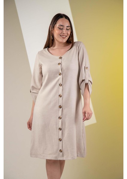 Kadın 3330447 Önü Düğmeli Bej Elbise