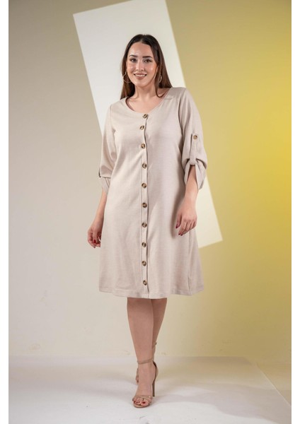 Kadın 3330447 Önü Düğmeli Bej Elbise
