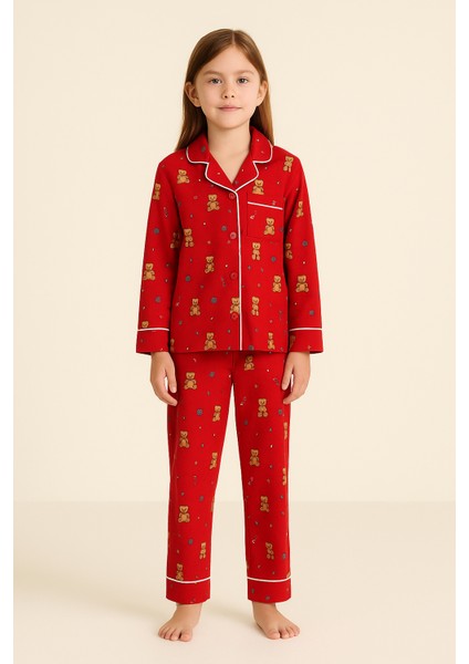 Kız Çocuk Teddy Desenli Yılbaşı Temalı Pijama Takımı Kırmızı modelleri