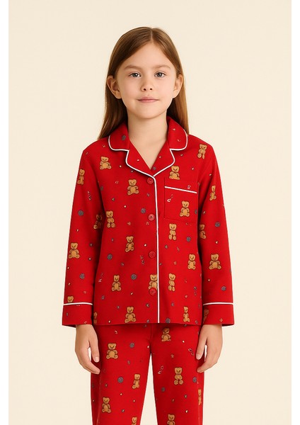 Kız Çocuk Teddy Desenli Yılbaşı Temalı Pijama Takımı Kırmızı fırsatları