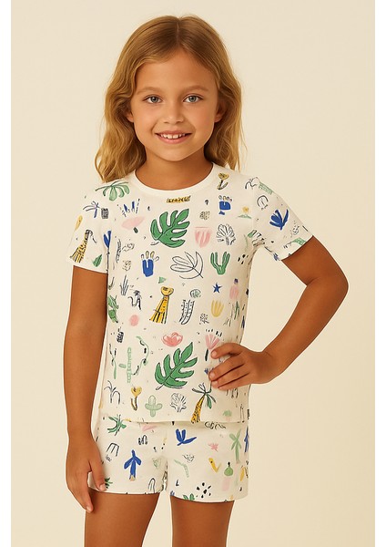 Kız Çocuk Safari Desenli Şortlu Pijama Takımı Ekru indirimleri