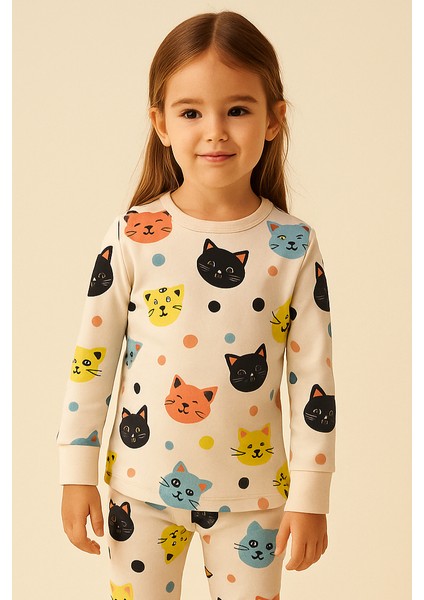 Kız Çocuk Kedi Desenli Pijama Takımı Açık Pembe modelleri