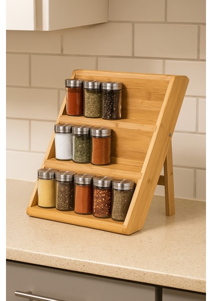 Bambu 3 Katlı Katlanır Ayaklı Baharatlık Standı – Doğal, Ayarlanabilir ve Katlanabilir Bambu Organizer