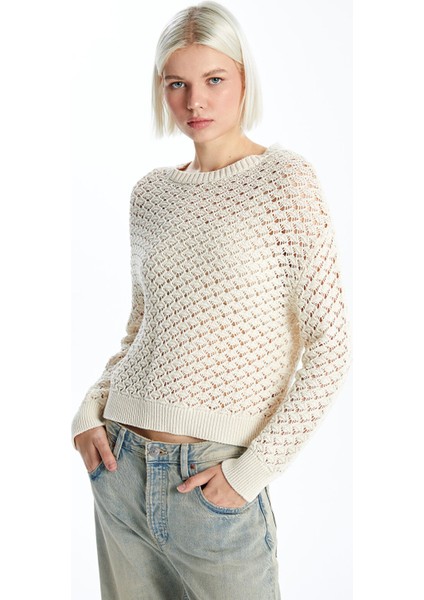 Yeni Sezon Bisiklet Yaka Ajurlu Uzun Kollu Oversize Kadın Triko Kazak