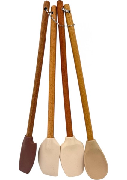 4 Adet 4 Renk Ahşap Saplı Pastel Renkli Dayanıklı Silikon Spatula Seti Mutfak Seti Renkli Kaşık Spatula Pastel Renkler