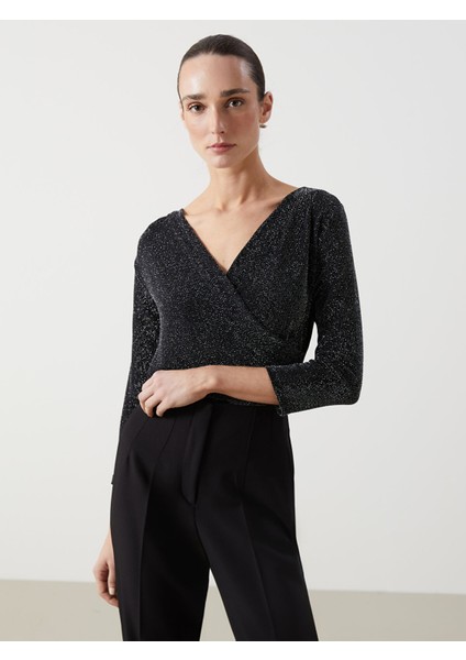 Yeni Sezon Kruvaze Yaka Parlak Görünümlü Bluz
