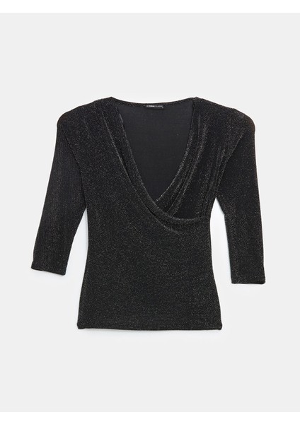 Yeni Sezon Kruvaze Yaka Parlak Görünümlü Bluz indirimleri