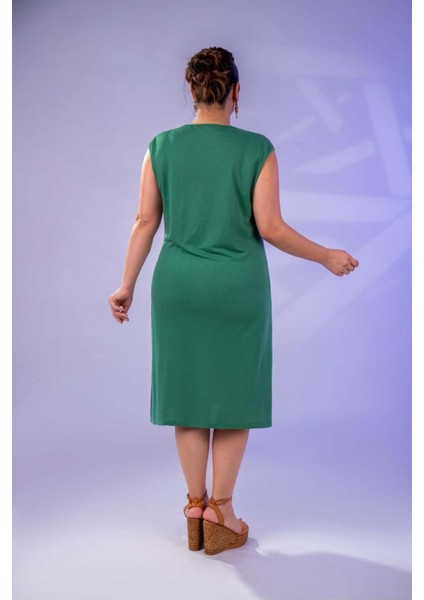 Kadın Büyük Beden Bel Detaylı Kolsuz Yeşil Elbise modelleri