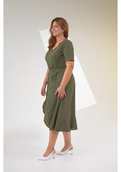 Kadın Büyük Beden Kemerli-Volanlı Haki Elbise modelleri