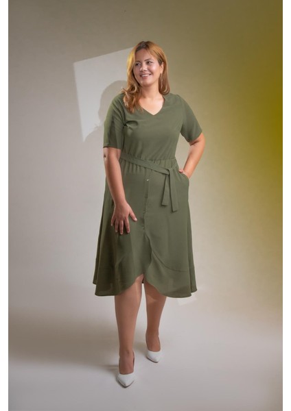 Kadın Büyük Beden Kemerli-Volanlı Haki Elbise indirimleri