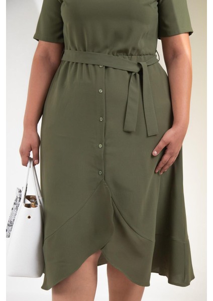 Kadın Büyük Beden Kemerli-Volanlı Haki Elbise